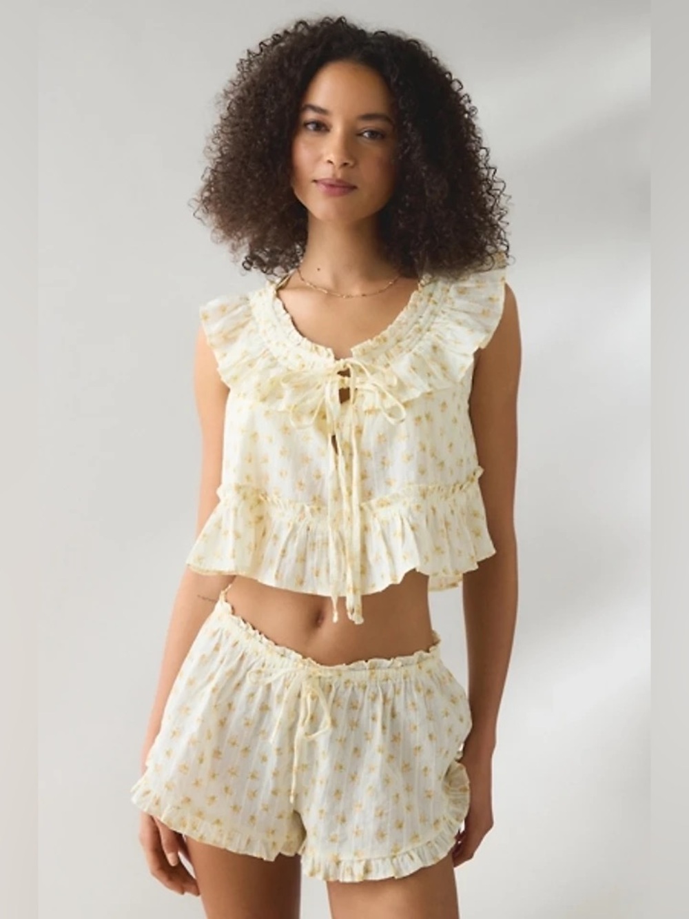 UO Out From Under Love Letters Ruffle Babydoll Top + Micro Shorts PJ Set